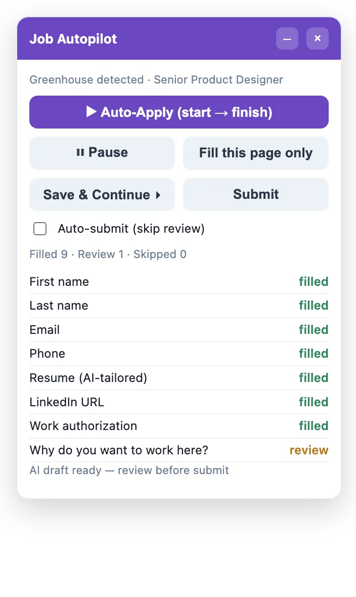Job Autopilot in-page panel: a real screenshot showing 9 fields auto-filled on a Greenhouse application