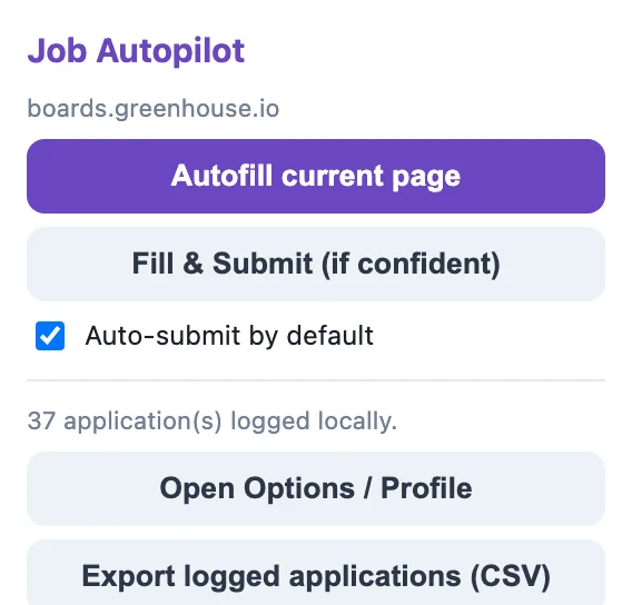 Job Autopilot toolbar popup: a real screenshot of the extension controls